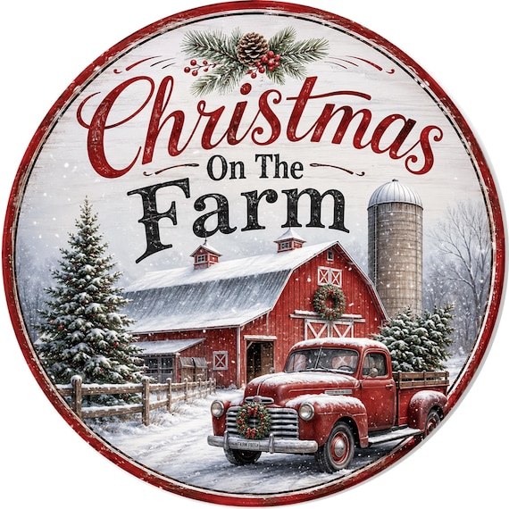 Christmas Farm Sign, Farmhouse Christmas Wreath Sign, Rustic Barn Door Hanger, Red Truck Christmas Decor, Country Wreath Attachment