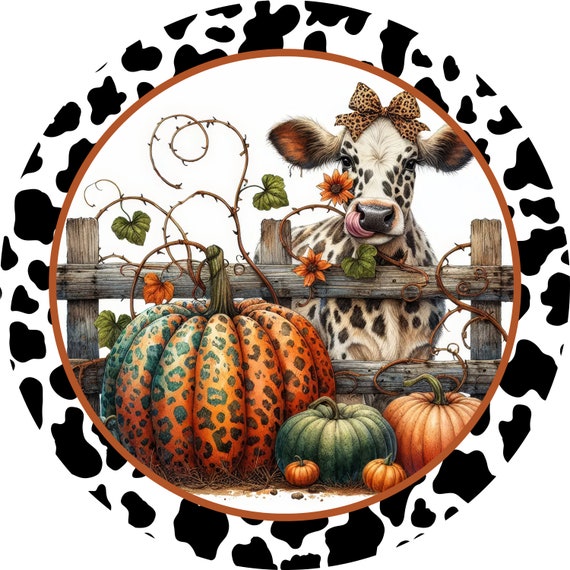 Fall Cow Wreath Sign: Leopard Pumpkin, Rustic Farmhouse Decor