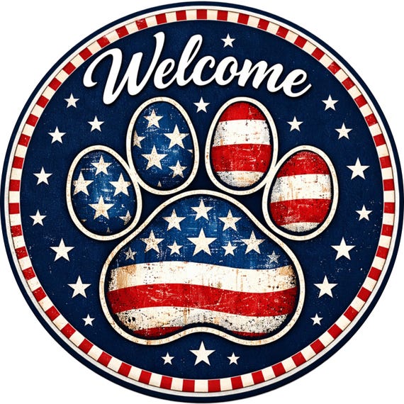 Patriotic Paw Print Sign: Welcome Dog Door Hanger, American Flag Wreath Sign