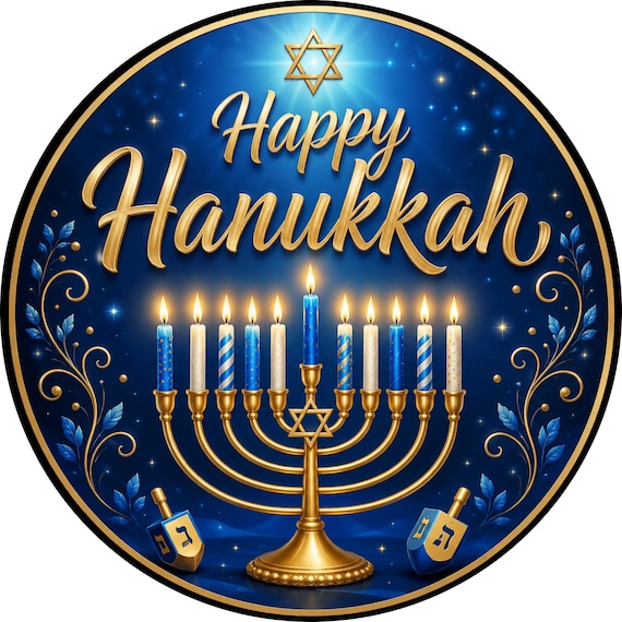 Happy Hanukkah Sign, Menorah Wreath Sign, Jewish Holiday Door Hanger, Festival of Lights Sign