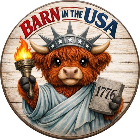 Barn In The USA Highland Cow Wreath Sign: Patriotic Farmhouse Door Hanger, Rustic Americana Decor