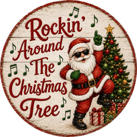Rockin Around the Christmas Tree Sign, Dancing Santa Holiday Decor, Retro Christmas Wall Art, Funny Santa Wreath Sign