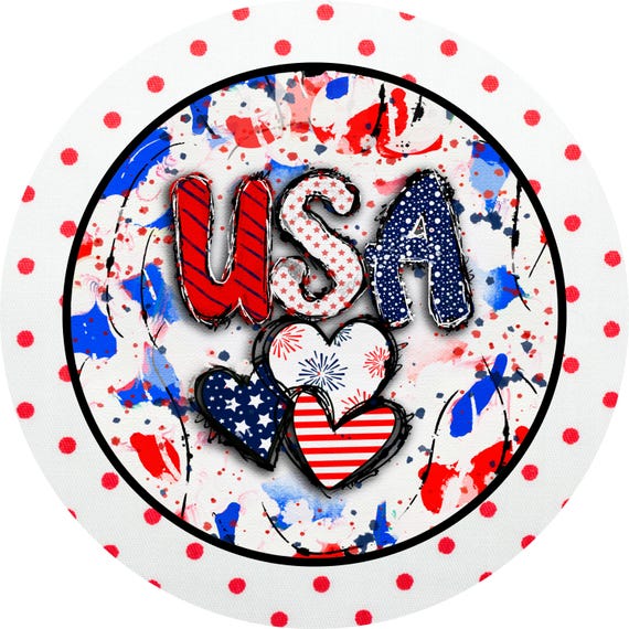 USA Polka Dot Metal Sign: Patriotic Paint Splatter Wreath Decor