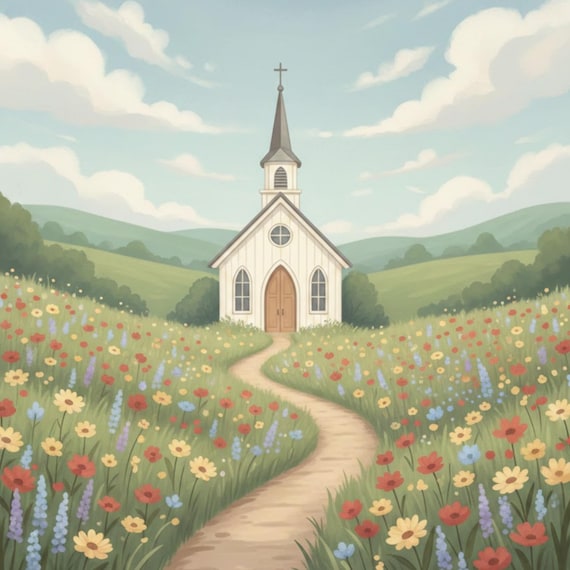 Country Church Wreath Square Sign: Faith Meadow Chapel, Christian Farmhouse Home Decor