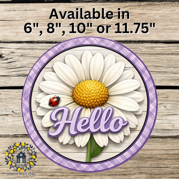 Daisy Hello Wreath Sign: Purple Gingham Door Hanger, Farmhouse Spring Decor