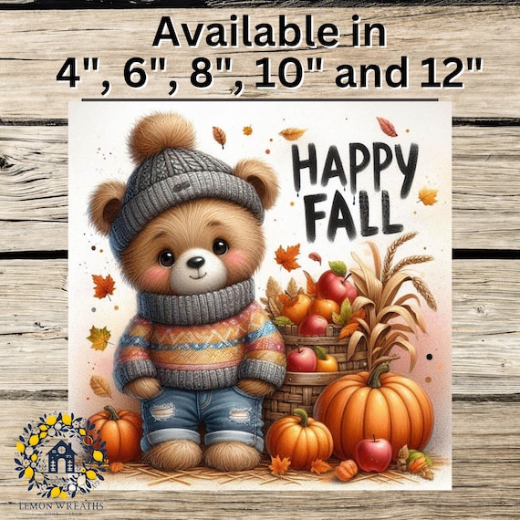 Happy Fall Bear Sign: Autumn Door Hanger, Pumpkin Harvest Decor