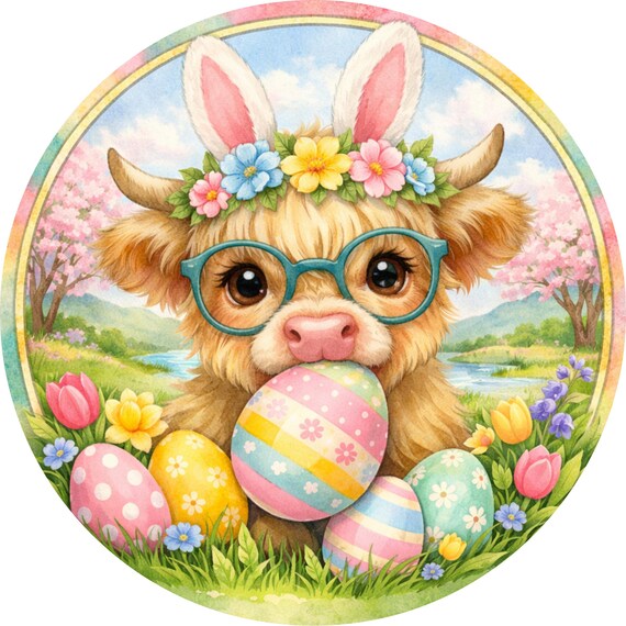 Easter Highland Cow Wreath Sign: Bunny Ear Door Hanger, Pastel Spring Farmhouse Decor