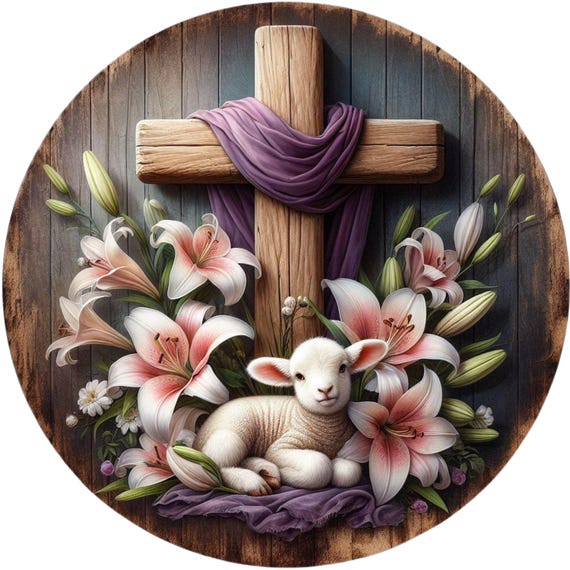 Easter Cross Wreath Sign: Lamb Religious Door Hanger, Rustic Wood Decor, Faith Porch Display