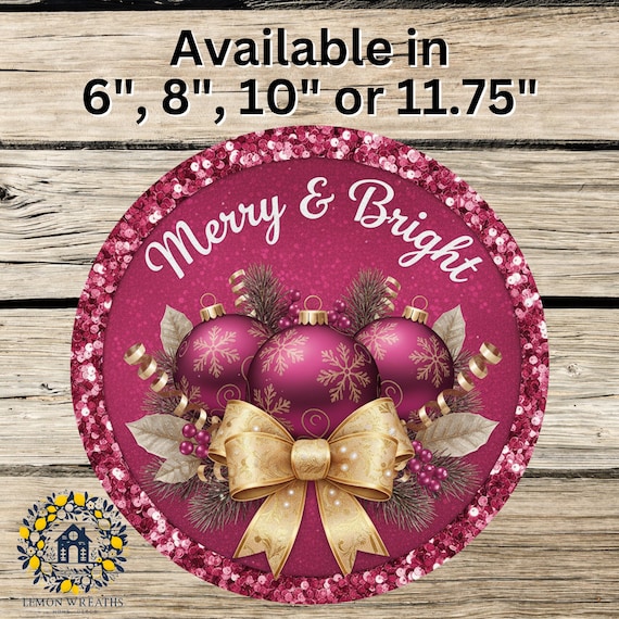 Pink Christmas Ornament Sign: Merry & Bright Holiday Door Hanger