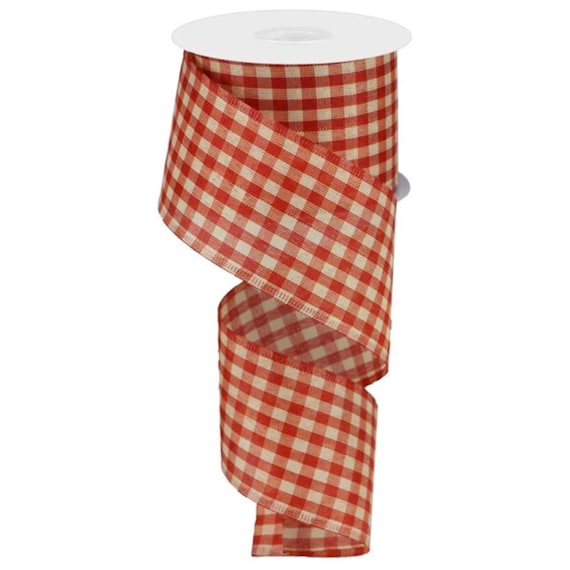 Ribbon 2.5"x10yd Brick Red Gingham Check, Wired Ribbon, Wreath Supplies