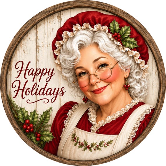 Mrs Claus Christmas Sign, Happy Holidays Wreath Sign, Vintage Christmas Decor, Rustic Holiday Door Hanger, Farmhouse Christmas Sign