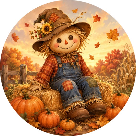 Scarecrow Wreath Sign: Fall Decor, Wreath Attachment, Rustic Door Hanger, Country Sign