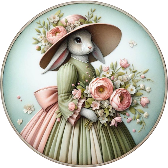 Vintage Bunny Sign: Cottagecore Easter Door Hanger, Floral Rabbit Decor