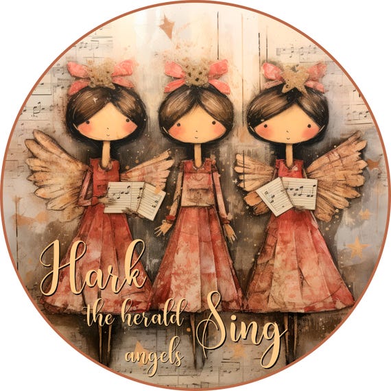 Hark Herald Angels Wreath Sign: Vintage Choir Artwork Door Hanger, Rustic Christmas Farmhouse Decor