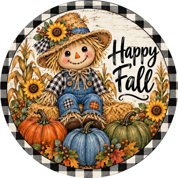 Happy Fall Wreath Sign, Scarecrow Fall Sign, Pumpkin Wreath Sign, Autumn Door Decor, Farmhouse Fall Sign
