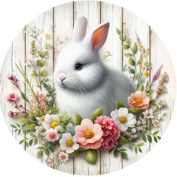 White Rabbit Spring Floral Metal Sign: Wreath or Home Decor