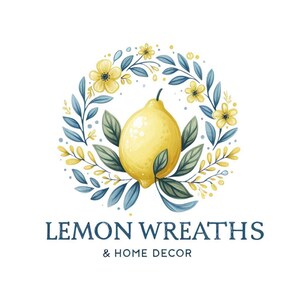 May include: A watercolor logo featuring a bright yellow lemon surrounded by a wreath of blue leaves, yellow flowers, and green leaves. The text "LEMON WREATHS & HOME DECOR" is below the wreath in a dark blue font.