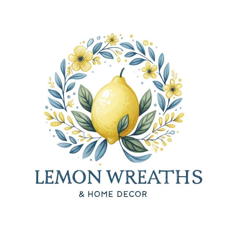 May include: A watercolor logo featuring a bright yellow lemon surrounded by a wreath of blue leaves, yellow flowers, and green leaves. The text "LEMON WREATHS & HOME DECOR" is below the wreath in a dark blue font.