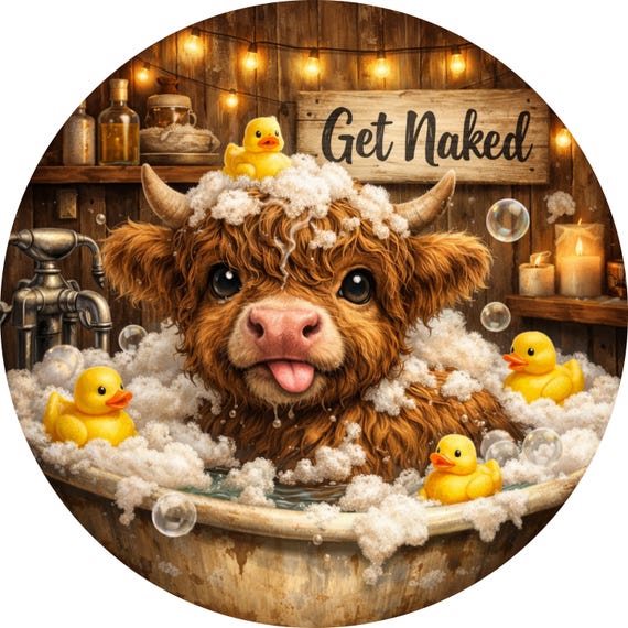 Funny Highland Cow Sign: Get Naked Bathroom Door Hanger Decor