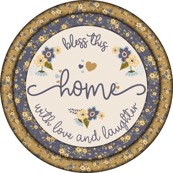 Bless This Home Wreath Sign: Floral Cottage Door Hanger, Farmhouse Love Laughter Wall Decor