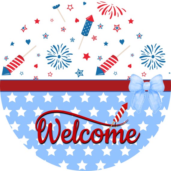 Patriotic Welcome Sign: Fireworks Door Hanger, Americana Decor, Fourth Of July Wreath Sign