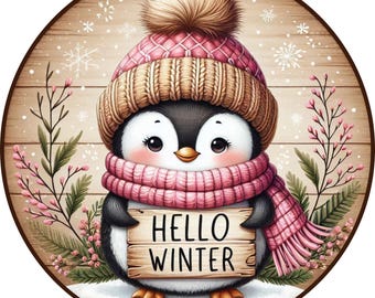 Hello Winter Penguin Sign: Pink Knit Hat, Seasonal Wreath Decor