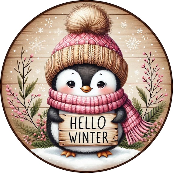 Hello Winter Penguin Sign: Pink Knit Hat, Seasonal Wreath Decor