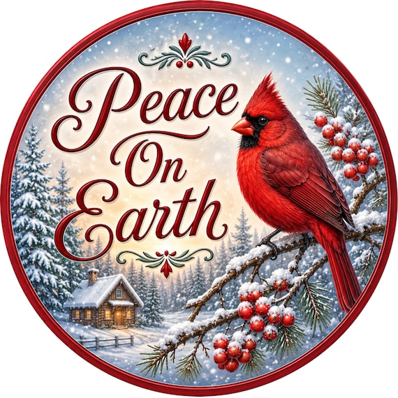 Peace On Earth Cardinal Sign, Christmas Wreath Sign, Winter Bird Decor, Holiday Door Hanger