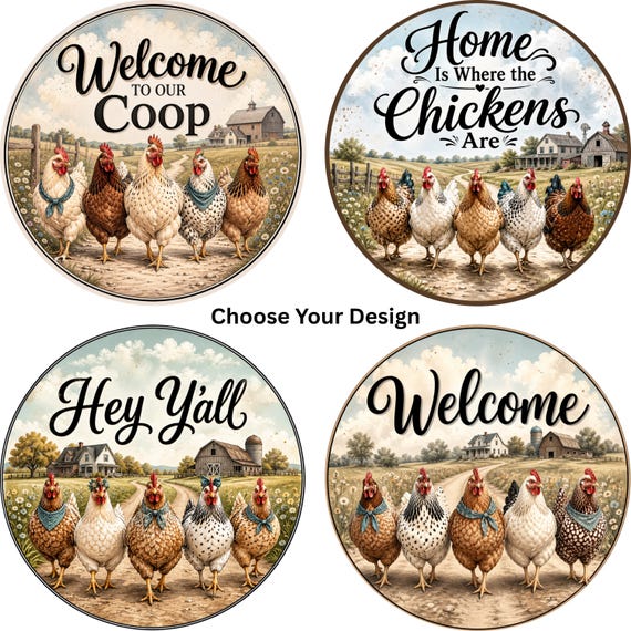 Farmhouse Chickens Wreath Sign: Choose Your Design, Chicken Door Hanger
