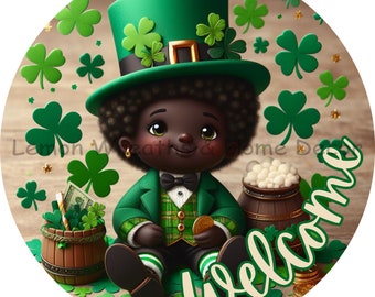 St. Patrick&#39;s Day Wreath Sign | Welcome African American Leprechaun Boy | Welcome Wreath Sign | Shamrock Wreath Sign | Lemon Wreaths Decor