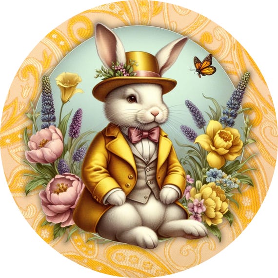 Victorian Rabbit Wreath Sign: Yellow Top Hat, Easter Spring Decor