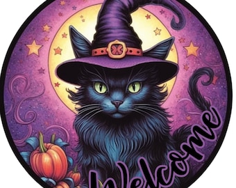 Black Cat Halloween Sign: Witch Cat Door Hanger, Spooky Pumpkin Decor