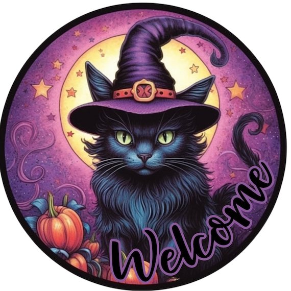 Black Cat Halloween Sign: Witch Cat Door Hanger, Spooky Pumpkin Decor