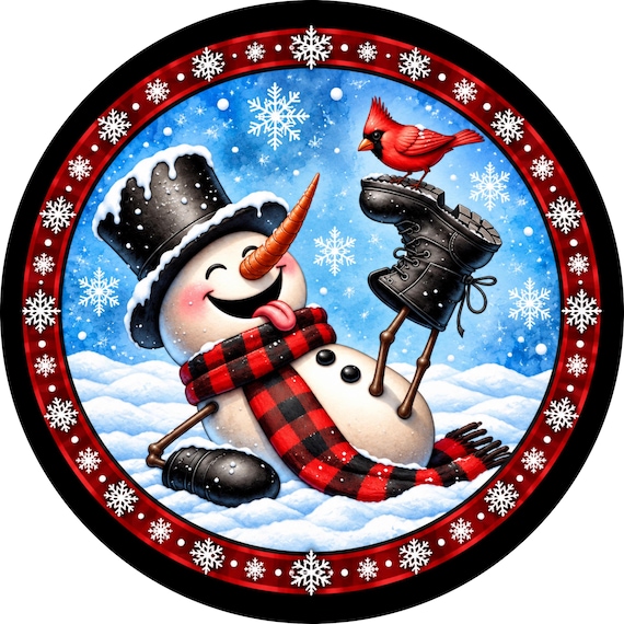 Funny Snowman Wreath Sign, Winter Cardinal Decor, Buffalo Plaid Snowman, Snowflake Wreath Attachment