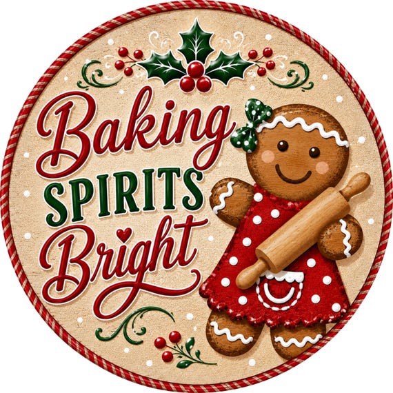 Baking Spirits Bright Sign: Gingerbread Girl Wreath Sign, Christmas Cookie, Baking Sign, Kitchen Door Hanger