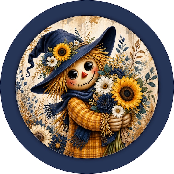 Sunflower Scarecrow Wreath Sign: Navy Blue Fall Farmhouse Door Decor