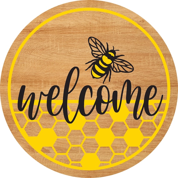 Bee Welcome Wreath Sign: Honeycomb Rustic Door Hanger, Farmhouse Summer Porch Decor