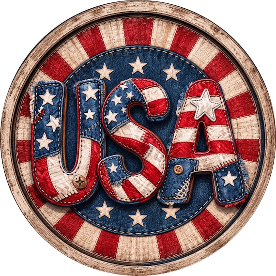 USA Patriotic Wreath Sign: Rustic Americana Denim Fourth Of July Decor