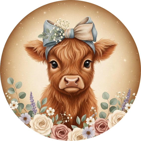 Highland Cow Floral Sign: Farm Animal Door Hanger, Rustic Country Farmhouse Decor