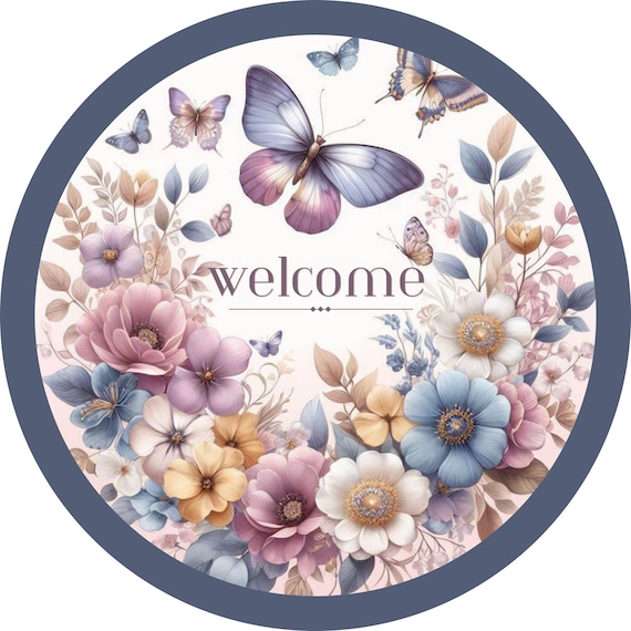 Butterfly Floral Welcome Sign: Elegant Spring Door Hanger, Pastel Flower Garden Decor