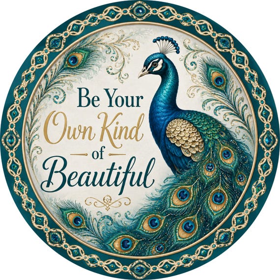 Peacock Wreath Sign, Be Your Own Kind of Beautiful, Teal Decor, Bird Wreath Sign