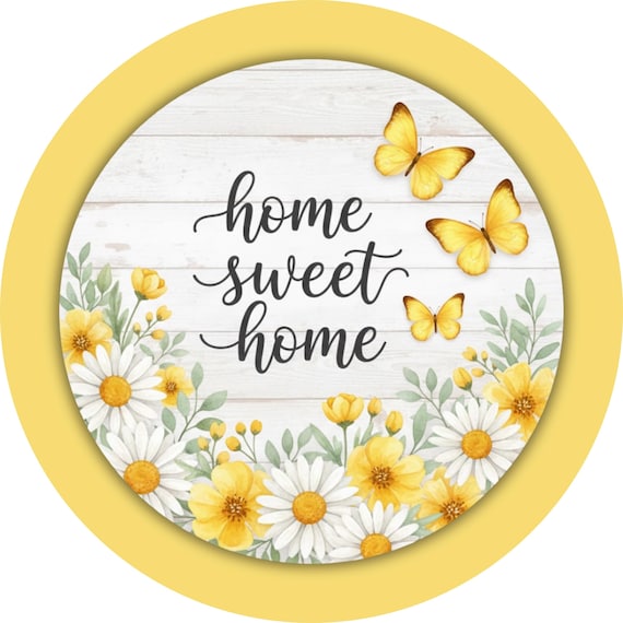 Home Sweet Home Wreath Sign: Yellow Butterfly Floral, Spring Farmhouse Door Decor