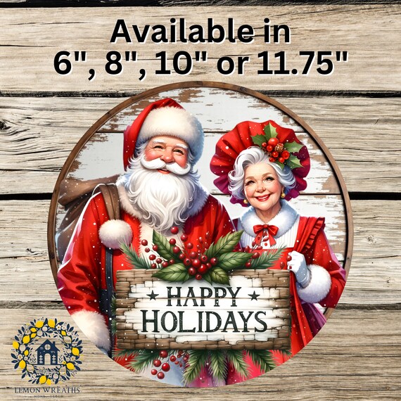 Santa and Mrs. Claus Happy Holidays Sign: Christmas Wreath Sign, Vintage Holiday Decor