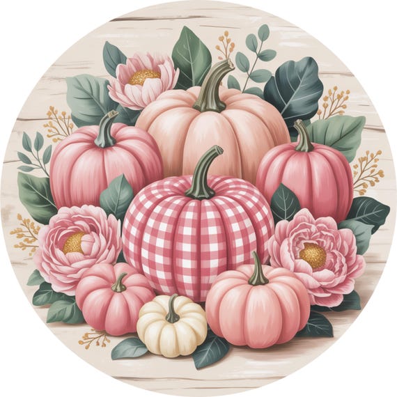 Pink Gingham Pumpkin Sign: Fall Wreath Sign, Rustic Farmhouse Autumn Decor