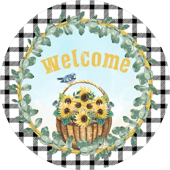 Welcome Sunflower Basket Wreath Sign: Buffalo Plaid Farmhouse Floral Door Decor