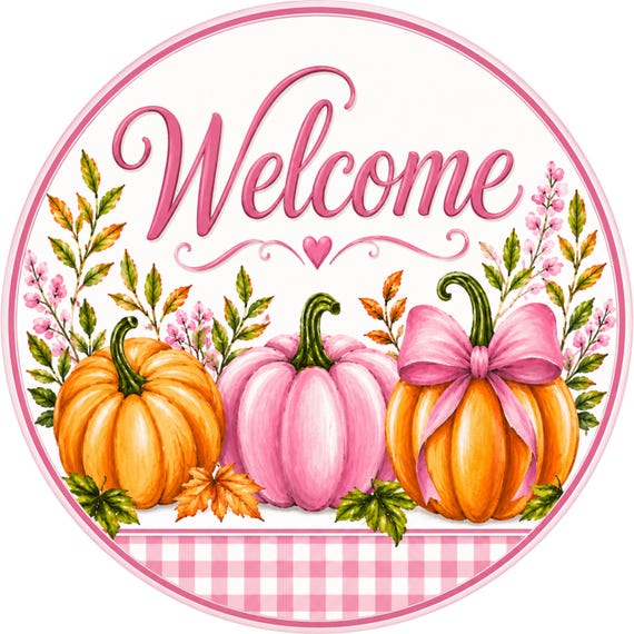 Pink Pumpkin Wreath Sign, Welcome Decor, Pumpkin Sign, Gingham Farmhouse Decoration