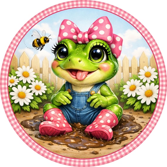 Frog Sign: Pink Bow Muddy Puddle, Whimsical Spring Wreath Decor