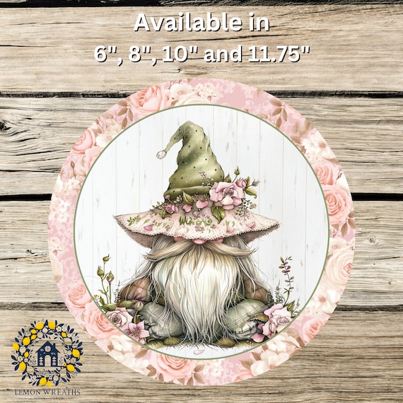 Floral Gnome Wreath Sign: Pink Rose Cottage Door Hanger, Rustic Spring Garden Decor