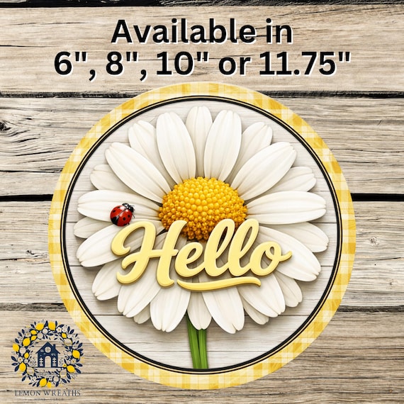 Daisy Hello Wreath Sign: Yellow Gingham Door Hanger, Farmhouse Spring Decor