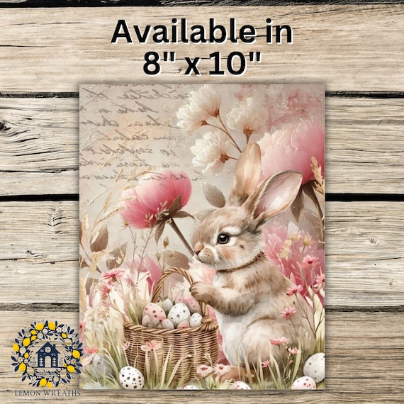 Easter Bunny Wreath Sign: Floral Basket Spring Cottage Door Decor